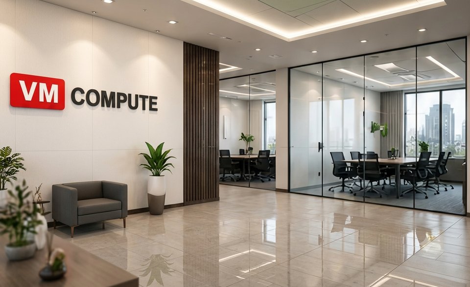 VM Compute Corps Pvt. Ltd. modern office lobby with VM COMPUTE branding – ERP and IT solutions partner for Employee Credit Cooperative Societies