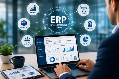Employee Credit Society ERP software dashboard on laptop – finance, inventory, HR, sales and reports modules by VM Compute